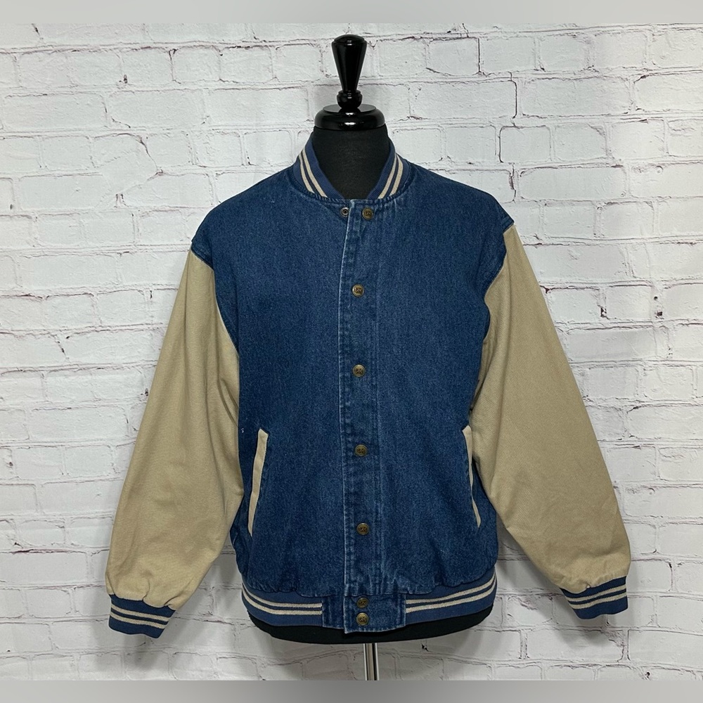 VTG 90's Lee Denim 2-Tone Blue Beige Snap Varsity Bomber Jean Jacket Men's Med.